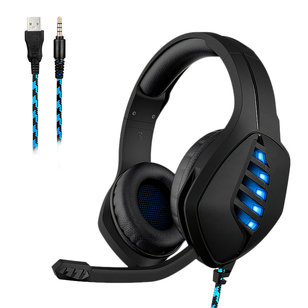J1 Game Headset 3.5mm+USB Wired Bass 360 Stereo RGB Gaming Headphone with Foldable Mic for Computer PC Gamer