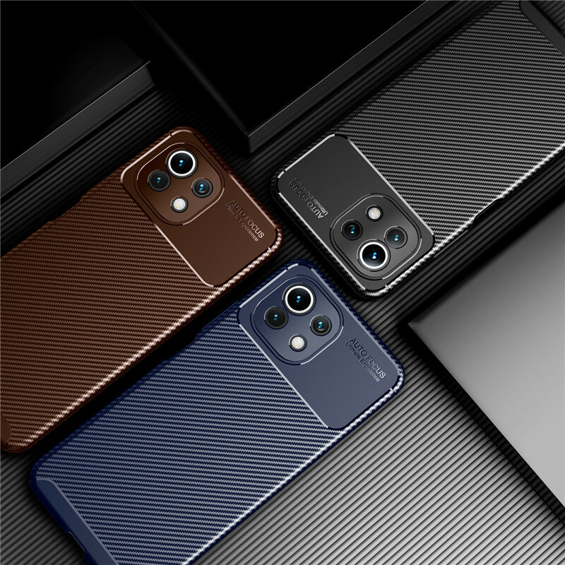 Bakeey for Xiaomi Mi 11 Case Luxury Carbon Fiber Pattern with Lens Protector Shockproof Silicone Protective Case Non-Original