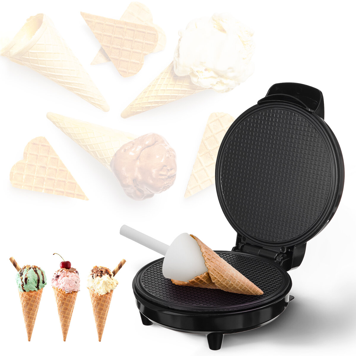 Waffle Cone and Bowl Maker Includes Shaper Roller and Bowl Press Homemade Ice Cream Cone Iron Machine Holiday Gift Giving or Entertaining Fun