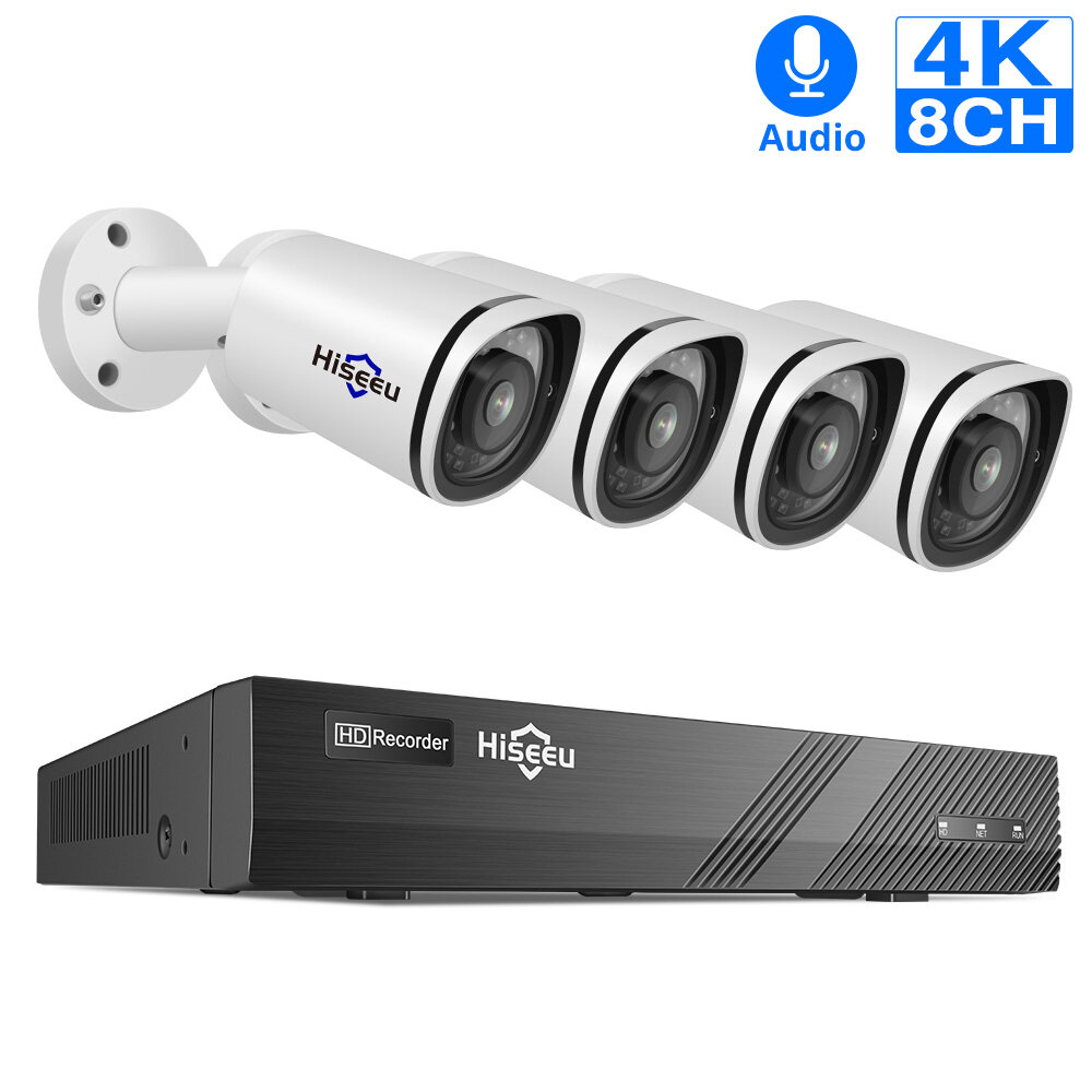 Hiseeu 4K 8MP 8CH NVR POE IP Security Surveillance Camera System Kit Set CCTV Outdoor Home Waterproof H.265 Video Audio Record