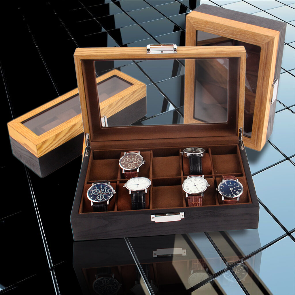 Retro 6/10/12 Slots Wooden Watch Box with Skylight Wristwatch Jewellery Display Collection Storage Box