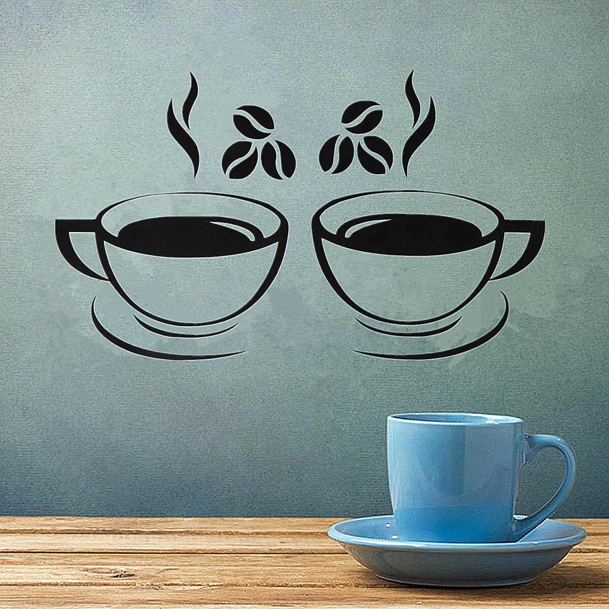 Double Coffee Cups Wall Stickers Waterproof Vinyl Adhesive Art Wall Decals Coffee Shop Kitchen Home Office Decorations Accessories