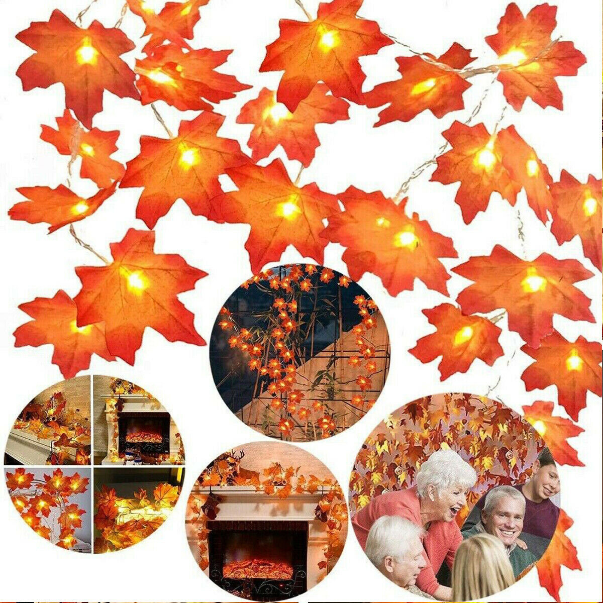 Battery/USB Powered Autumn Thanksgiving Maple Leaf LED Lamp Wreath Festival Decoration Charming