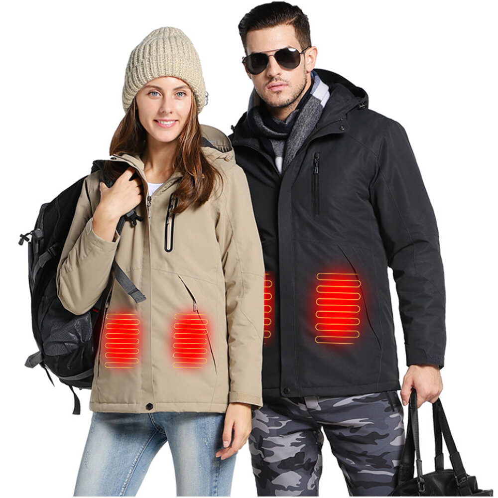 25-55 Hooded Electric Heated Coat USB Charging Smart Heating Long Sleeve Jackets Winter Thicken Warm Men Women Outdoor Hiking Waterproof Mountaineering Clothes