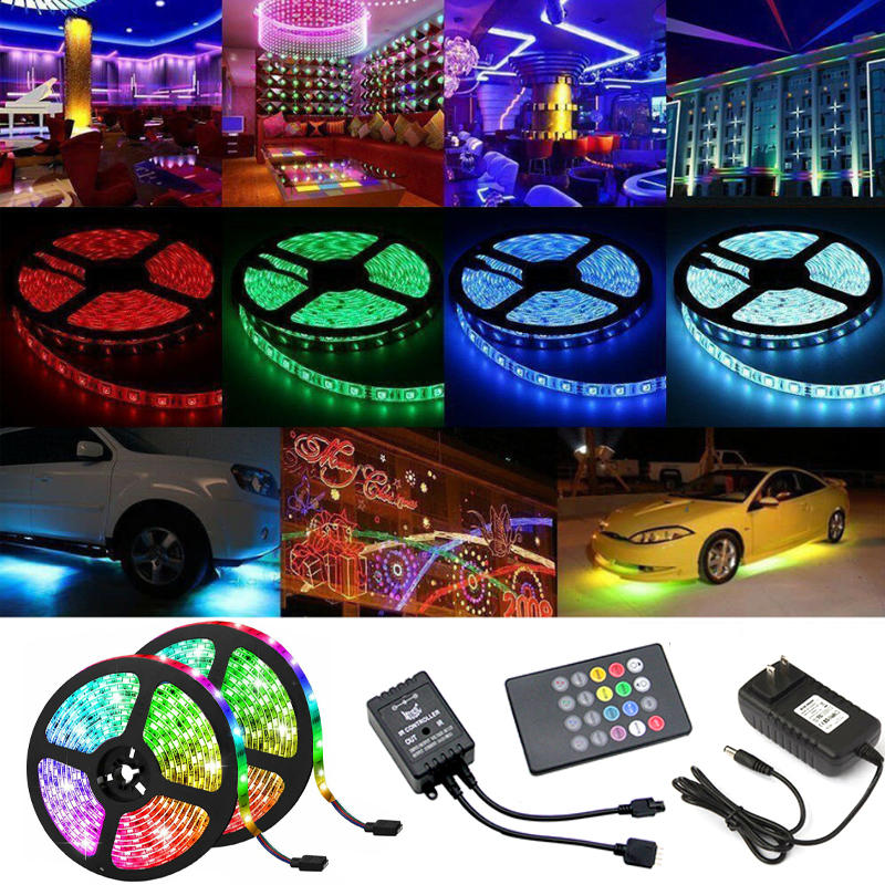 2*5M LED Strip Light Waterproof Outdoor DC12V 5050 RGB Music Lamp IR Remote Control +3A EU US Plug