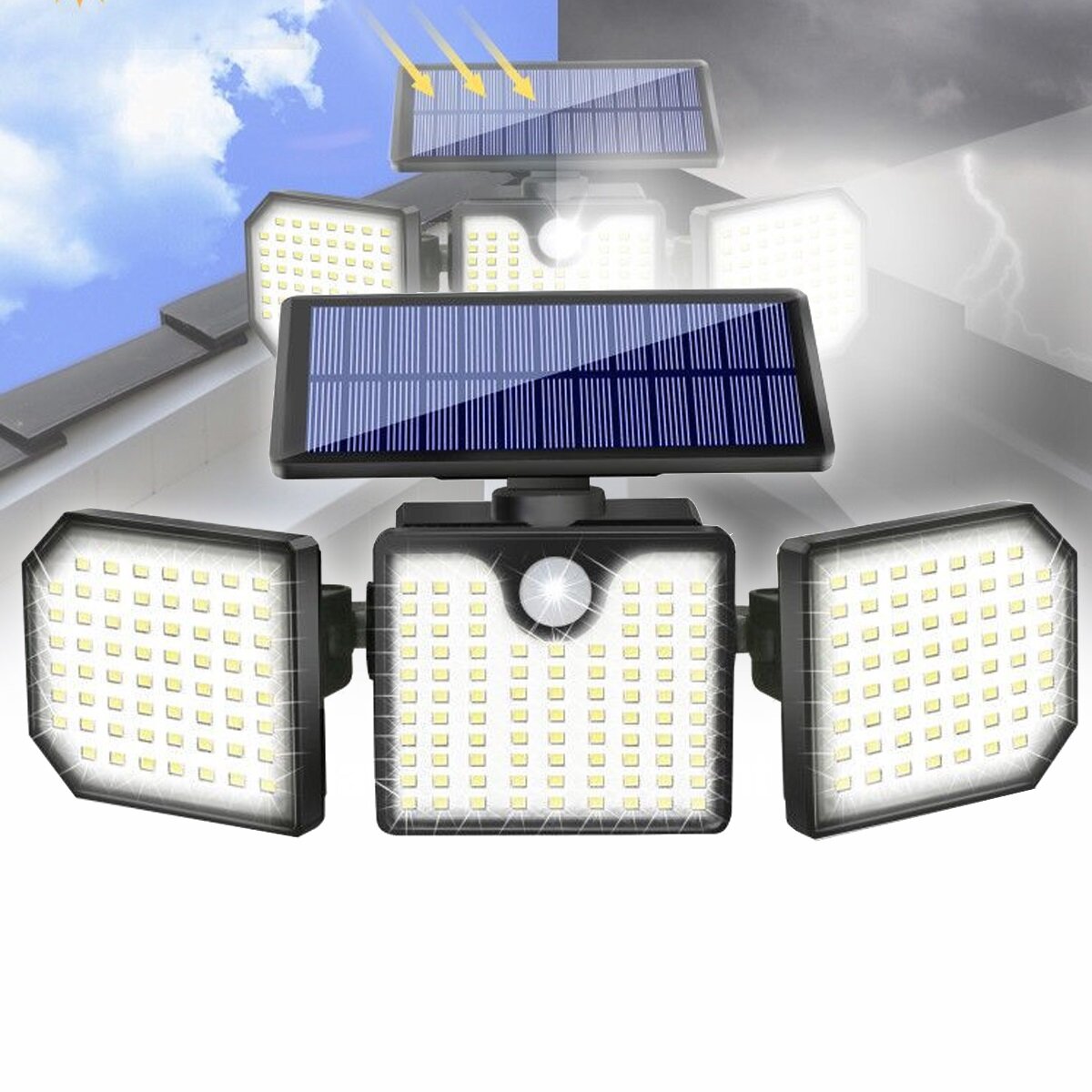 230LEDs 3 Head Solar Motion Sensor Light Outdoor Garden Wall Security Flood Lamp