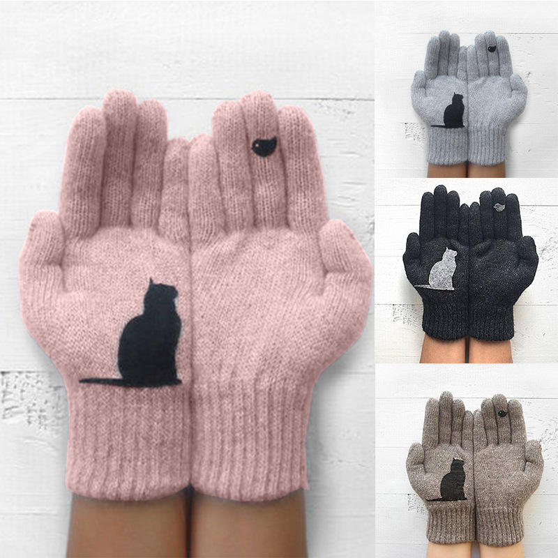 Women's Wool Gloves Autumn Winter Outdoor Warm Cold Padded Cat Bird Print Glove