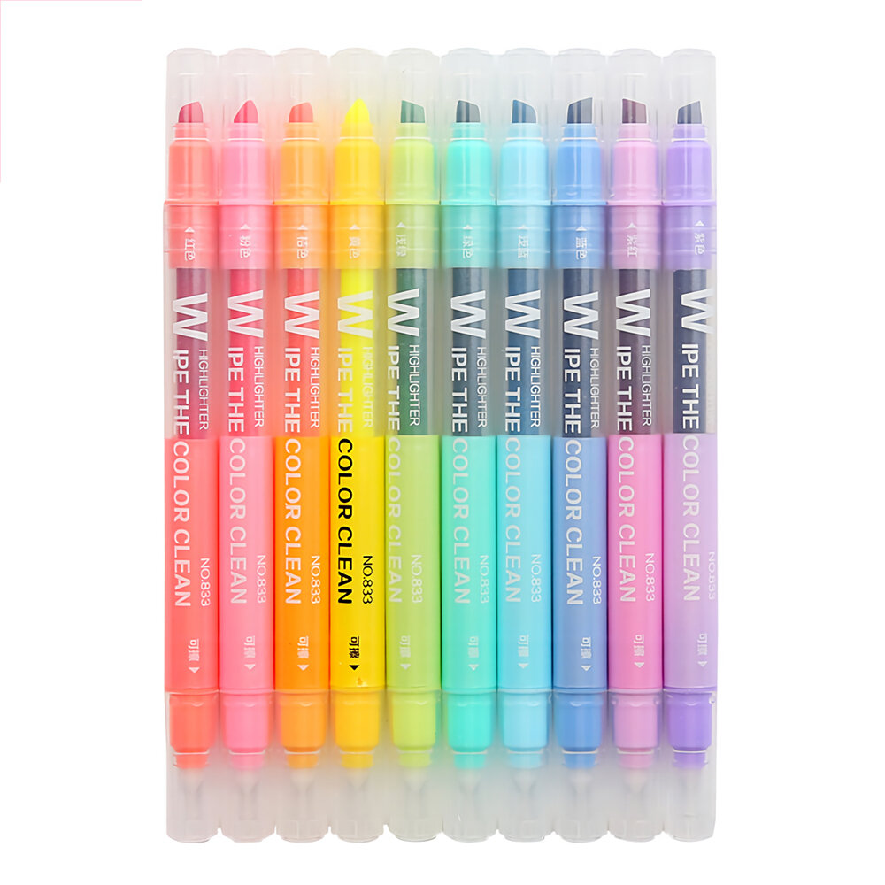 10 pcs/set Erasable Highlighter Pen Markers Double-ended Fluorescent Pen Drawing Painting Art Stationary Supplies