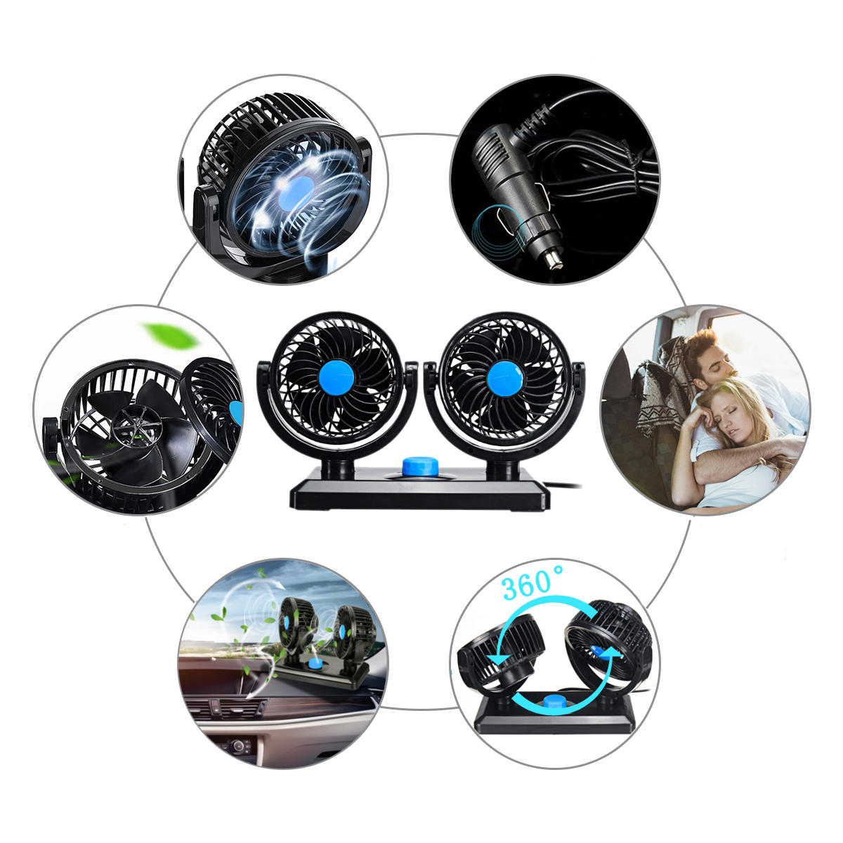 12V/24V 360 All-Round Mini Auto Air Cooling Dual Car Fan Portable Adjustable Low Noise
