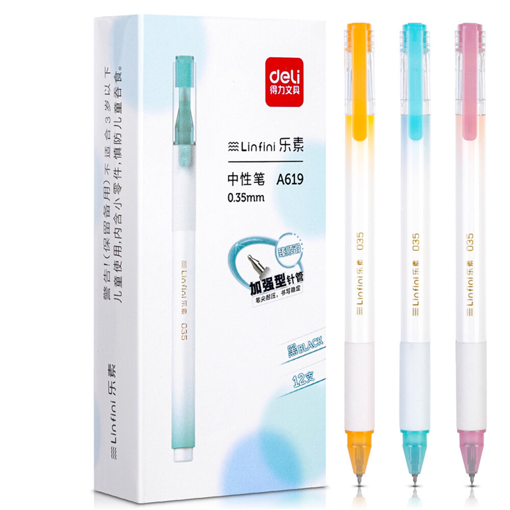 Deli A619 12Pcs Netural Pen Set 0.35mm Enhanced Needle Nib Colorful Shell Gel Pen Student Writing Notes Taking Signing Pen Black Ink For School Office
