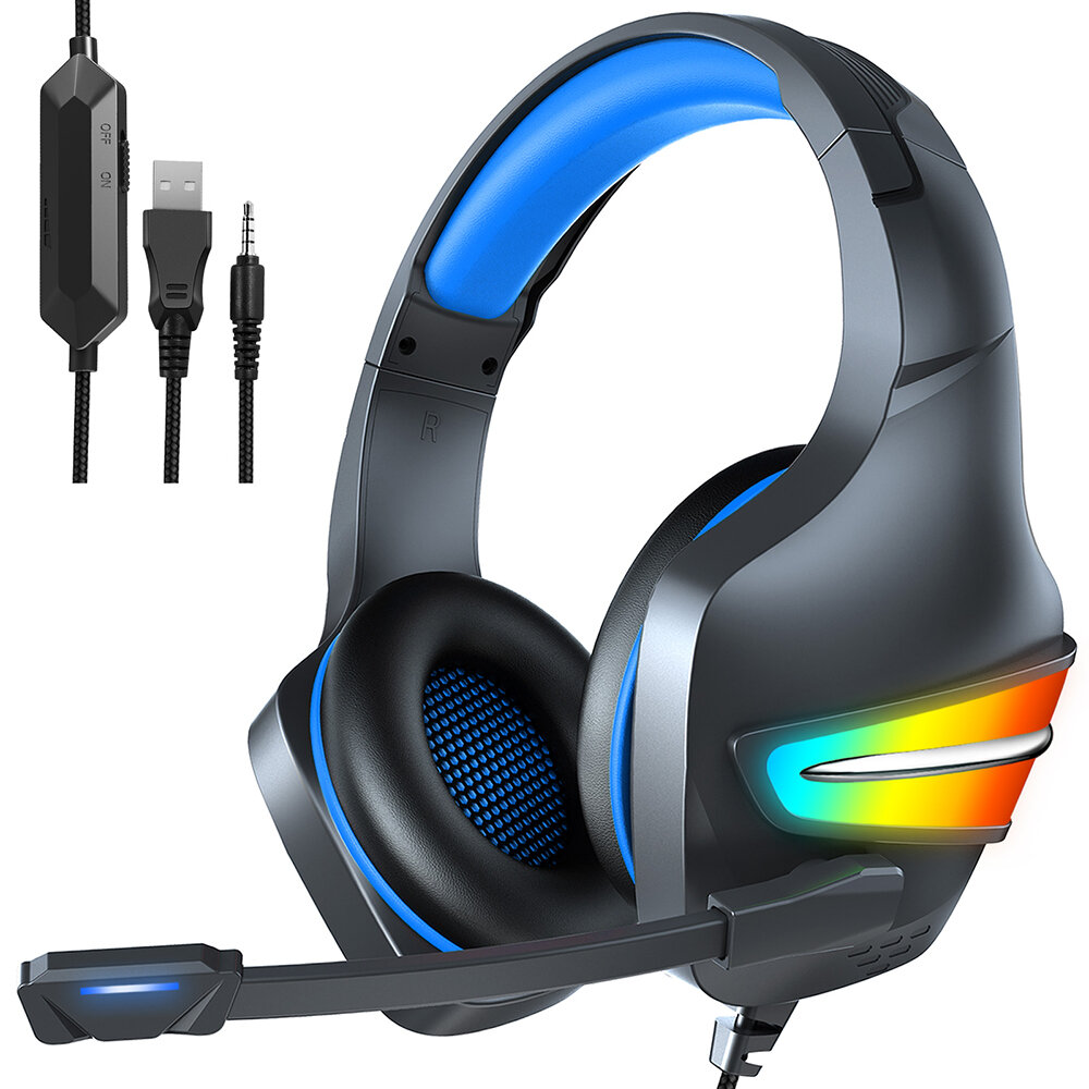 ERXUNG J6 Gaming Headset 50mm Driver Unit RGB Light Noise Reduction Mic 3.5mm USB Port for PS4 PC Xbox One Switch Smartphone