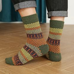 5 Pairs Men Rabbit Wool Blended Geometric Striped Jacquard Thicken Warmth Vintage Tube Socks