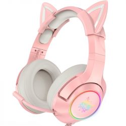 ONIKUMA Wired Headphones Stereo Dynamic Drivers Noise Reduction Headset 3.5MM RGB Luminous Pink Cat Ear Adjustable Over-Ear Gaming Headphones with Mic