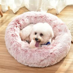 Pet Dog Cat Calming Bed Round Warm Soft Plush Sleeping Bed Donut Cushion