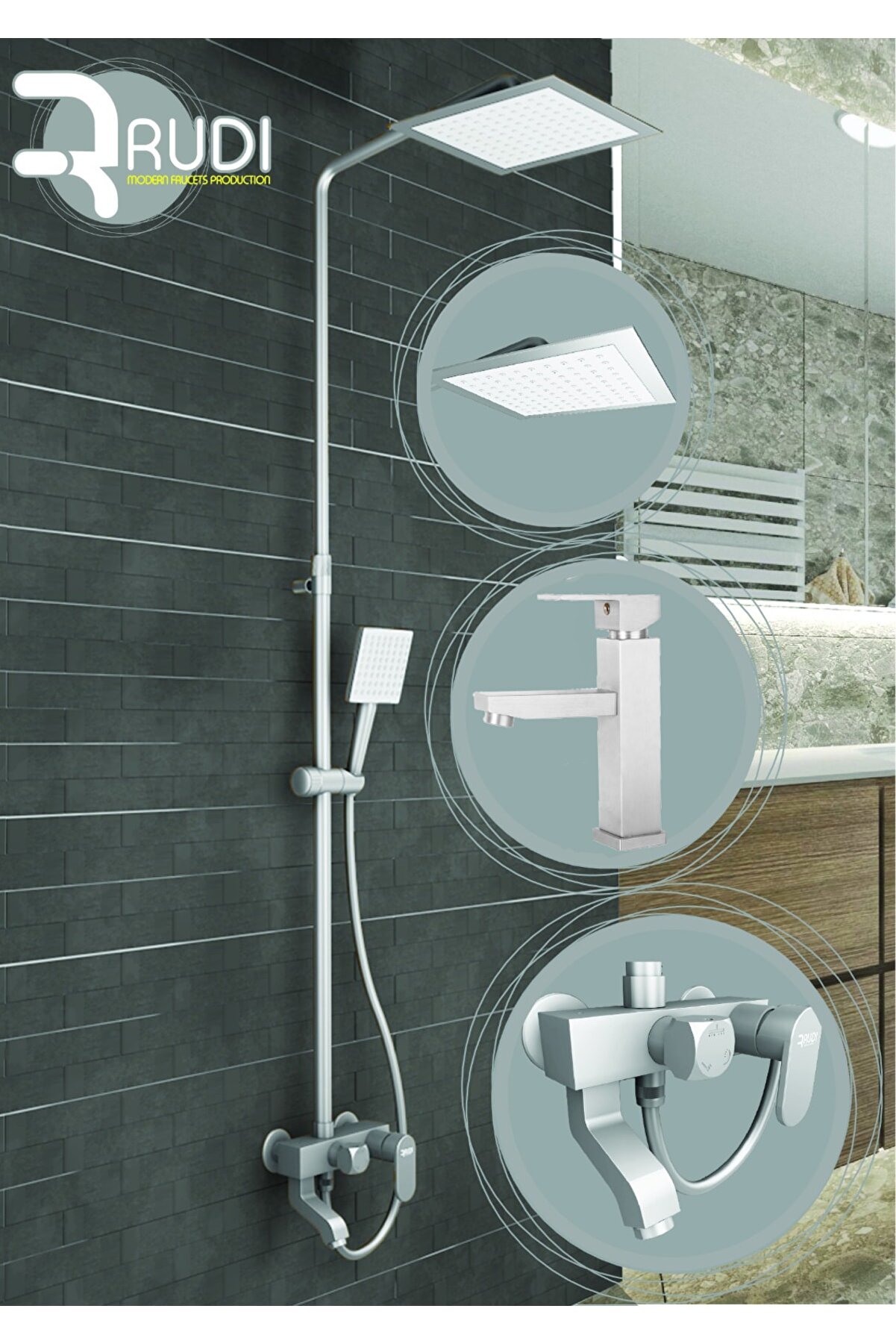 Rudi Silver Bathroom & Washbasin Mixer & Silver Robot Shower Set - 201s3 P609S2440