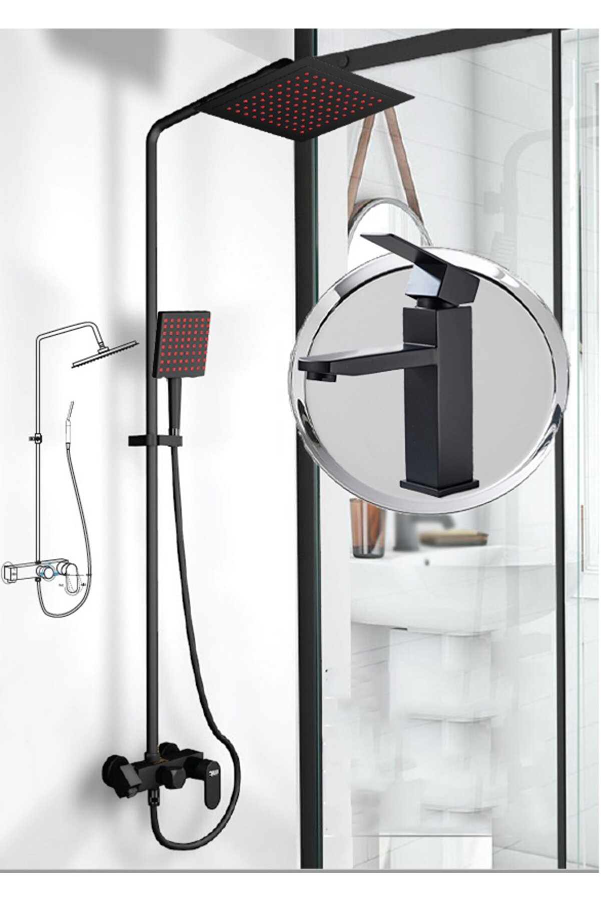 Rudi Black Bathroom & Washbasin Mixer & Red Black Robot Shower Set - 204rb3 P628S1792