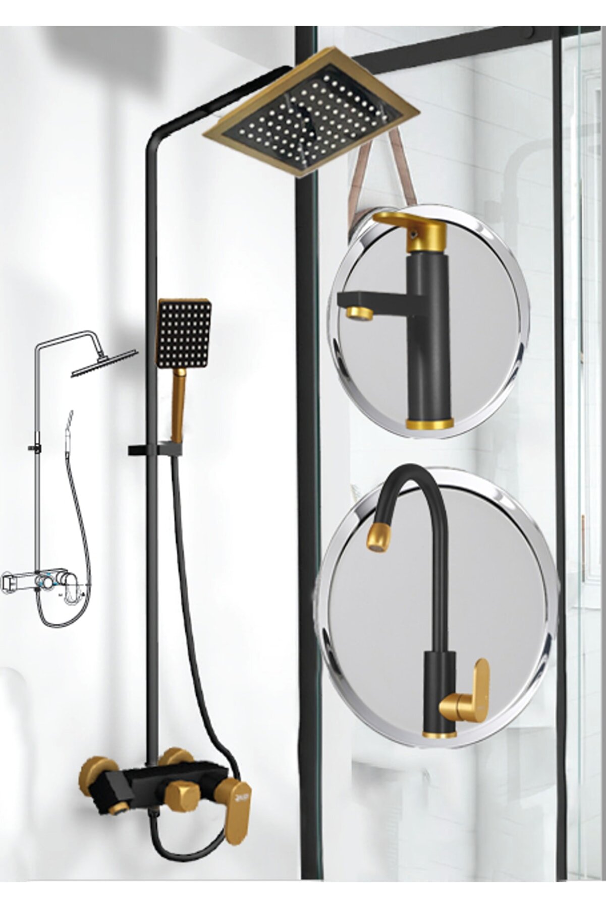 Rudi Gold Black Mixer Set (bathroom, washbasin, kitchen)&gold Black Robot Shower Set - 204gb4 P620S869