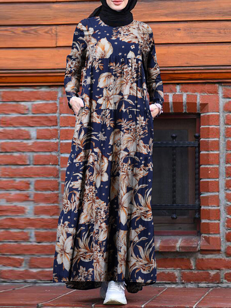 Women Floral Print Loose Causal Bohemian Back Zipper Pleated Maxi Dress With Side Pockets