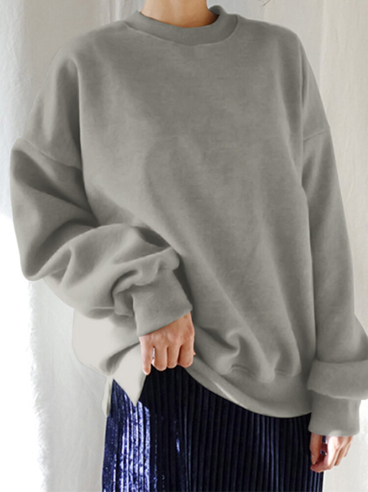 Kadınlar Düz Renk Kalın Yuvarlak Boyun Puf Kol Dar Kelepçe Uzun Kollu Kazak Sweatshirt