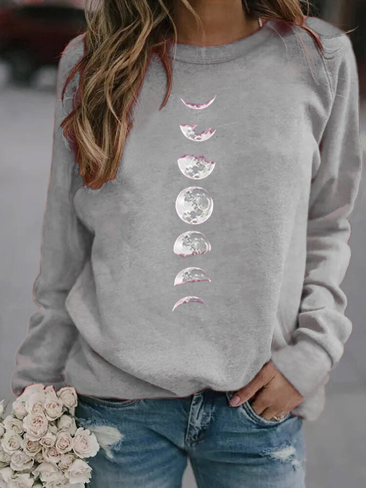 Moon Print Long Sleeve O-neck Casual Sweatshirt For Women