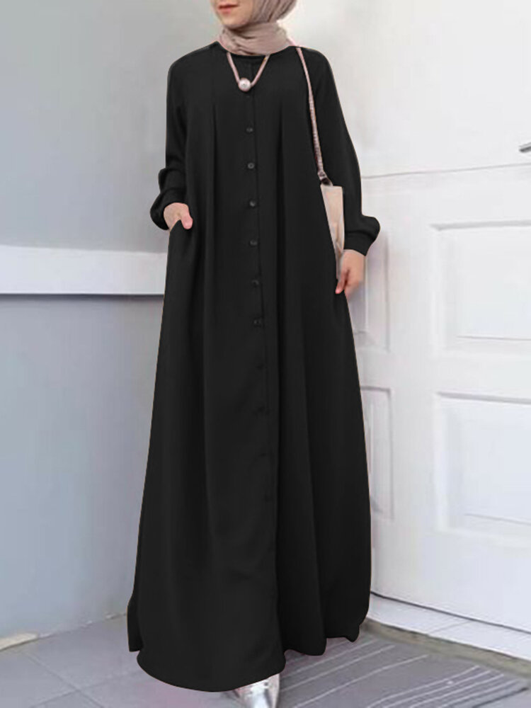 Kadın Düğmeli Ön Kaftan Robe Uzun Kollu Gömlek Maxi Elbiseler Cepli