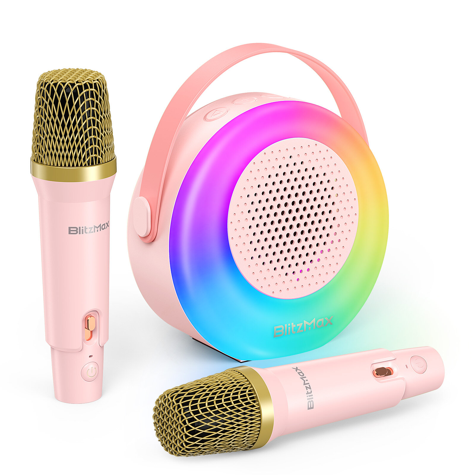 BlitzMax BM-K10 Kids Karaoke Machine مكبر صوت بلوتوث صغير محمول مع 2 ميكروفونات لاسلكية RGB ضوء ملون ألعاب كاريوكي هدايا مكبر صوت للمنزل وحفلات عيد الميلاد