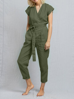 Solid Pocket Tie-Up Wrap Short Sleeve Casual Cotton Playsuit