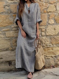 Women's Striped V-Neck Long Sleeve Casual Loose Maxi Dress - Red M Brand: ZANZEA