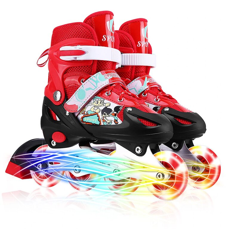 Set of adjustable roller shoes in 3 sizes with flashing LED wheels, safety shoes for beginners with light-up wheels and protection for adults and children. L red