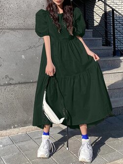 Casual Loose Round Neck Short Sleeve Solid Color Pleated Maxi Dress