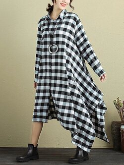 M-5XL Casual Loose Plaid Long Sleeve Lapel Irregular Dress For Women