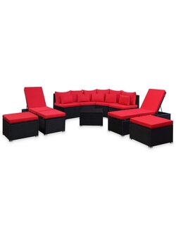 9 Piece Garden Lounge Set with Red Poly Rattan Cushions