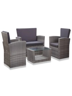 4-piece garden lounge set with gray poly-rattan cushions