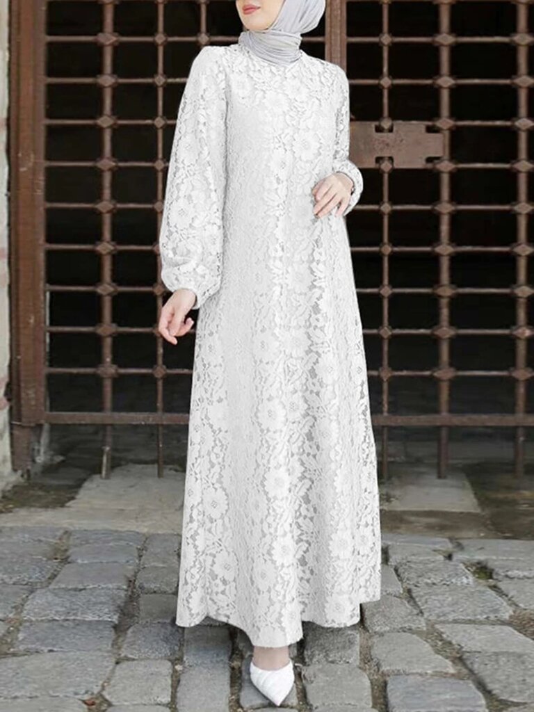 Women's Abaya 100% Cotton Kaftan Lace Patchwork Casual Midi Wedding Dress - White L Brand: ZANZEA