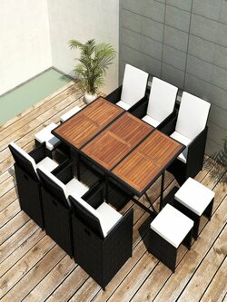 Outdoor dining set consisting of 11 pieces of poly-rattan and black acacia wood
