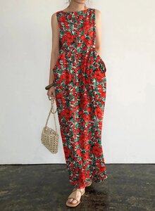 Pocket Floral Print Round Neck Sleeveless Maxi Dress - Red S Brand: ZANZEA