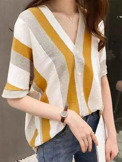 Half sleeve V-neck blouse with striped print - S Brand: ZANZEA
