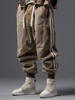 Men's Loose Pants with Side Tape and Fix Detail - Brown S Brand: ChArmkpR