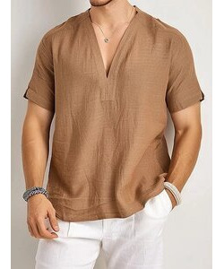 Men's short-sleeved V-neck solid color shirts - brown S Brand: ChArmkpR