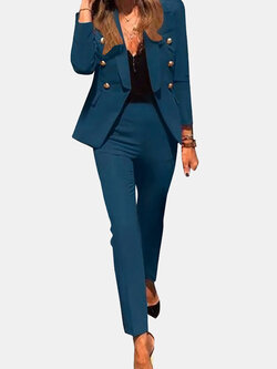 Women Solid Long Sleeve Lapel Two Pieces Suit