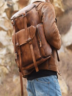 Men PU Leather Vintage Business Style Solid Color Multi-pocket 15 Inch Laptop Bag Travel Bag Backpack - Black