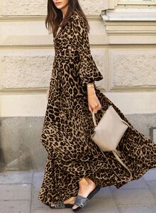 Leopard Print V-Neck Puff Sleeve Lace-Up Maxi Dress For Women - Grey S Brand: ZANZEA
