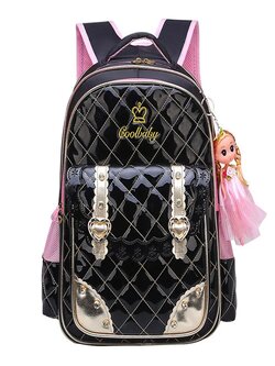 Nylon Kids School Bag Waterproof Shoulder Bag Handbag with Doll Pendant - L Black