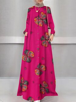 Floral Print Holiday Long Sleeve Buttoned Buttons Muslim Dress Kaftan With Pocket Islamic Dress - Floral XXL Brand: ZANZEA
