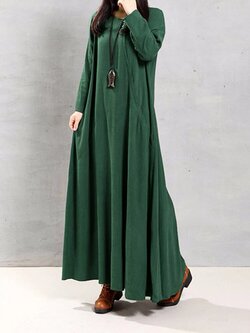 Women's Vintage Cotton Round Neck Solid Color Irregular Hem Maxi Dress - Burgundy S Brand: ZANZEA
