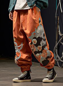 Men's Chinese Flower Print Loose Pants with Elastic Cuffs - Orange S Brand: ChArmkpR