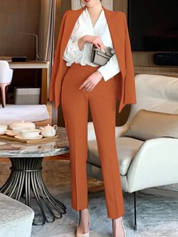  Solid Long Sleeve Lapel Two Pieces Suit For Women - Apricot S Brand: ZANZEA