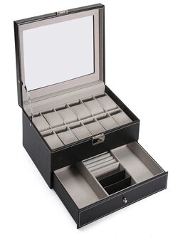 Faux Leather and Plastic Watch Storage Box with Organizer for Jewelry and Watch Accessories.